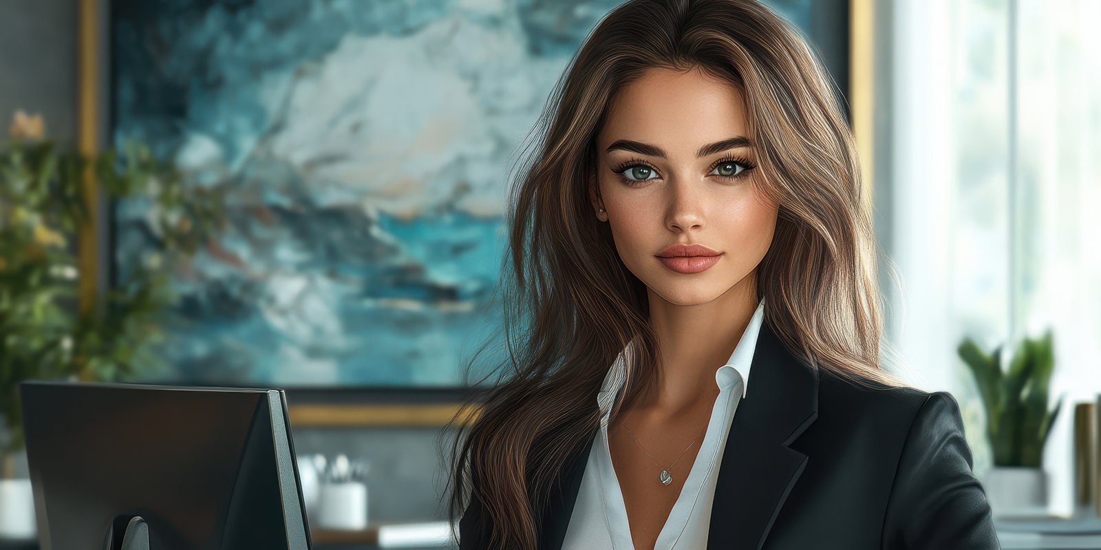 Business professional poses confidently in modern office environment with abstract artwork in background